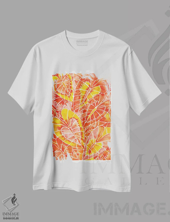 تیشرت سفید طرح دار شیزماتوجلوتیس کالیپتراتای نارنجی، دکور بوهمی اثر کت کوکیلت | فروشگاه ایماژ