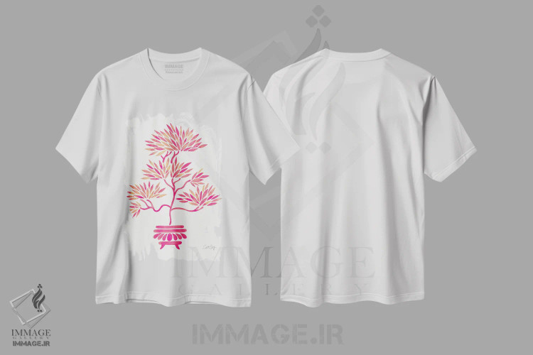 تیشرت سفید طرح دار بونسای صورتی، دکور آسیایی اثر کت کوکیلت | فروشگاه ایماژ