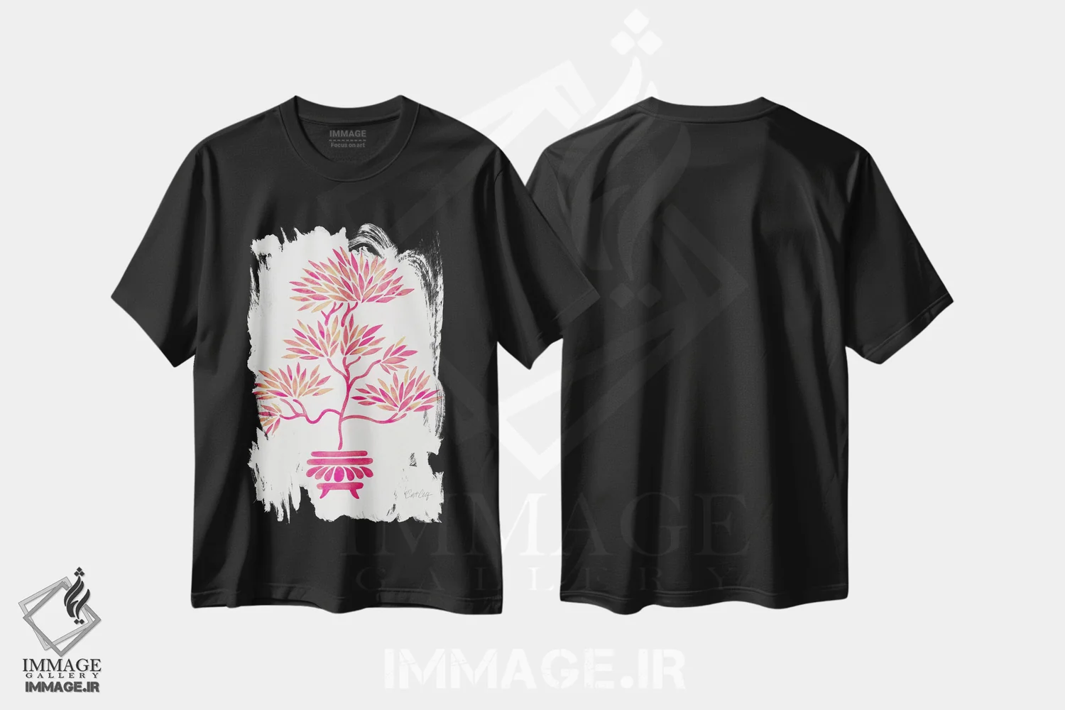 تیشرت مشکی طرح دار بونسای صورتی، دکور آسیایی اثر کت کوکیلت | immage.ir