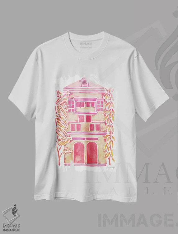 تیشرت سفید طرح دار خانه صورتی، تزئینی اثر کت کوکیلت | فروشگاه ایماژ