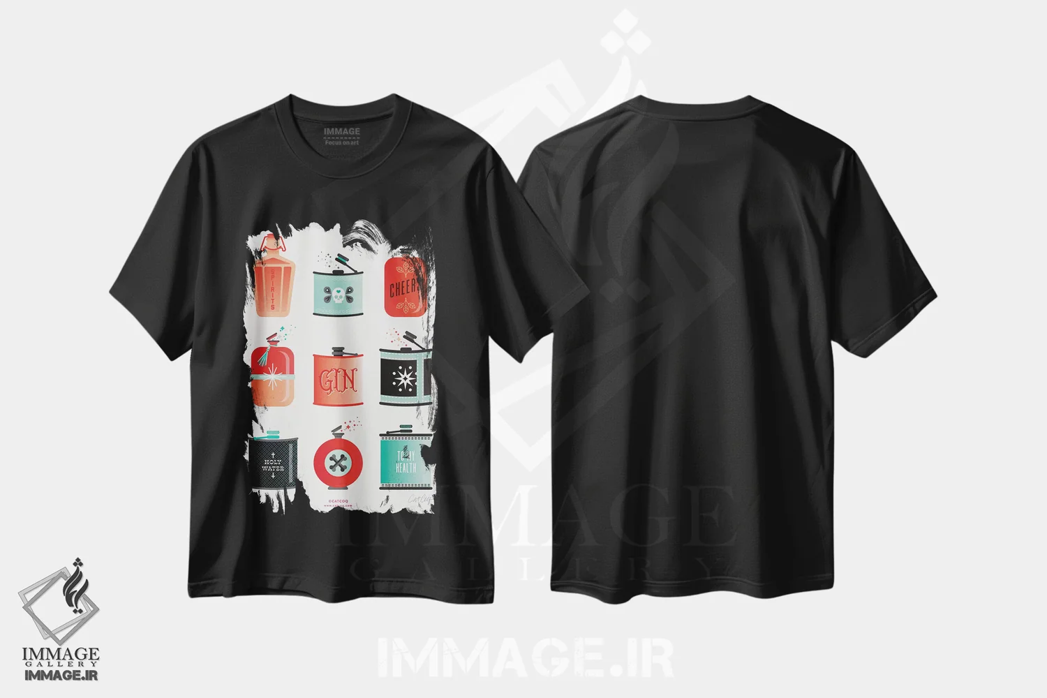 تیشرت مشکی طرح دار بطری های سرخابی فیروزه ای، تزئینی اثر کت کوکیلت | immage.ir