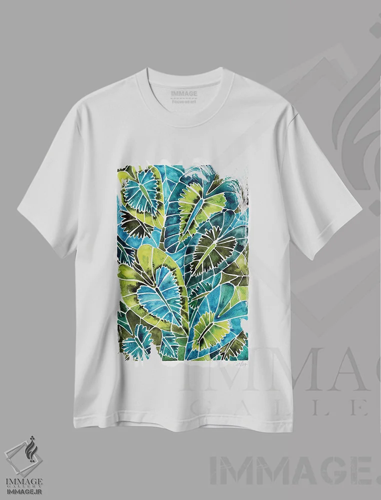 تیشرت سفید طرح دار شیزماتوجلوتیس کالیپتراتای سبز دودی، دکور بوهمی اثر کت کوکیلت | فروشگاه ایماژ