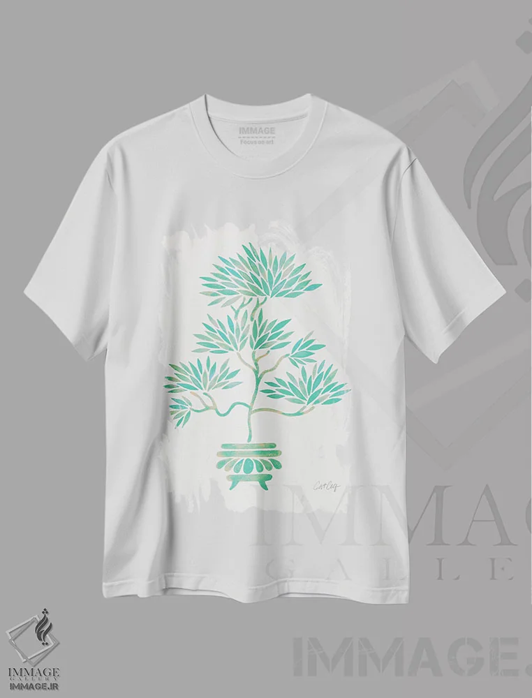 تیشرت سفید طرح دار بونسای فیروزه ای، تزئینی اثر کت کوکیلت | فروشگاه ایماژ