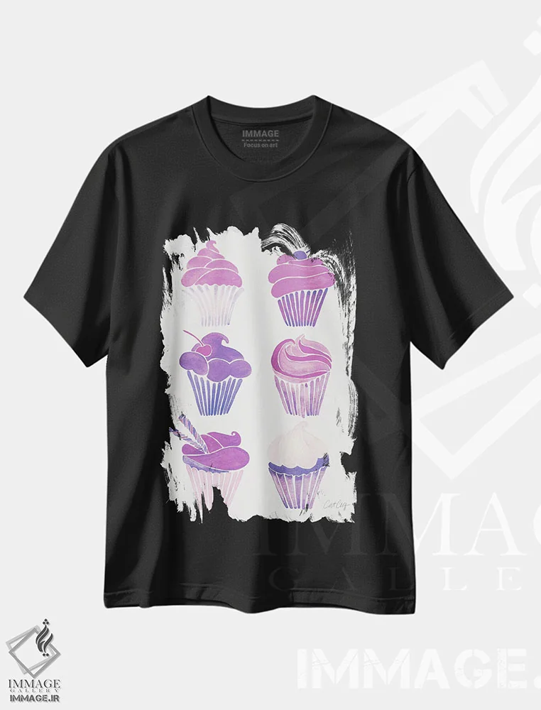 تیشرت مشکی طرح دار کاپ کیک های تک شاخ، تزئینی اثر کت کوکیلت | فروشگاه ایماژ