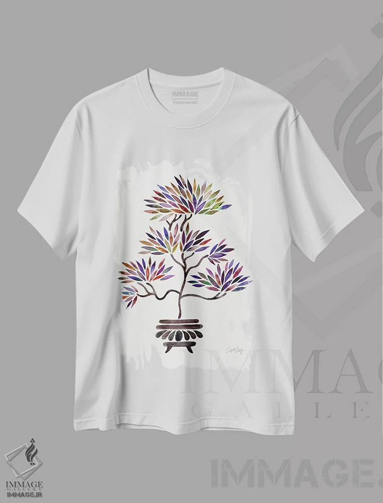 تیشرت سفید طرح دار بونسای کلاسیک، دکور آسیایی اثر کت کوکیلت | فروشگاه ایماژ