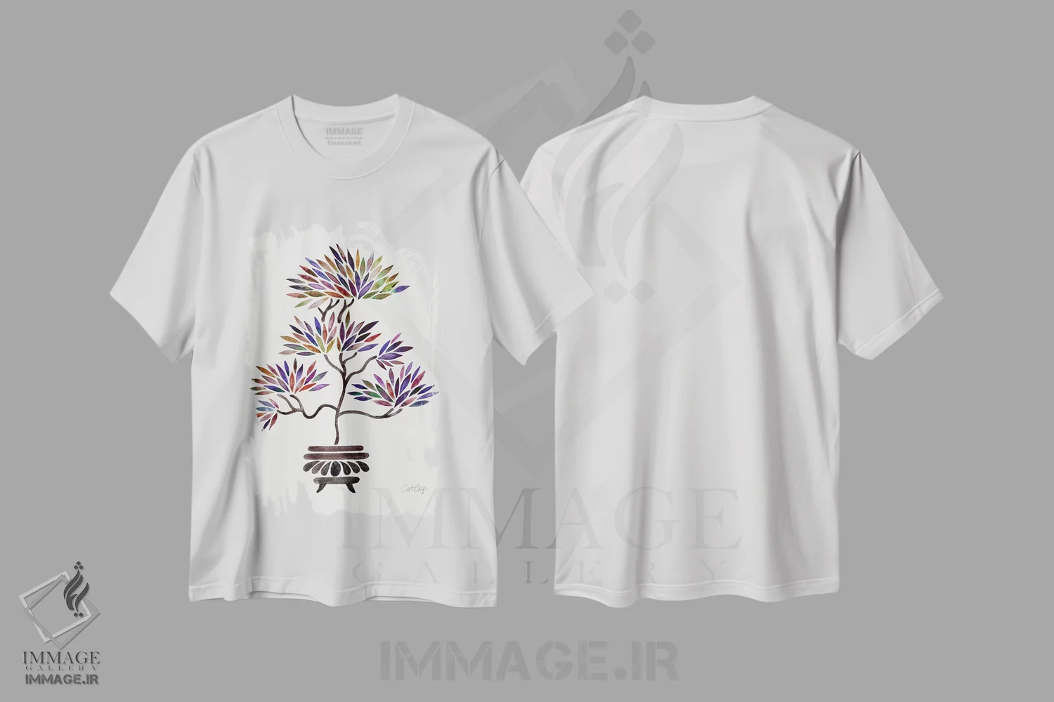 تیشرت سفید طرح دار بونسای کلاسیک، دکور آسیایی اثر کت کوکیلت | فروشگاه ایماژ