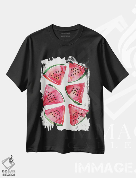 تیشرت مشکی طرح دار هندوانه، دکور ساحلی اثر کت کوکیلت | فروشگاه ایماژ