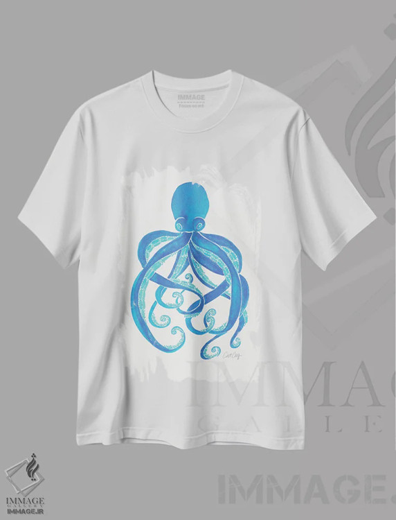 تیشرت سفید طرح دار آبی، تزئینی اثر کت کوکیلت | فروشگاه ایماژ