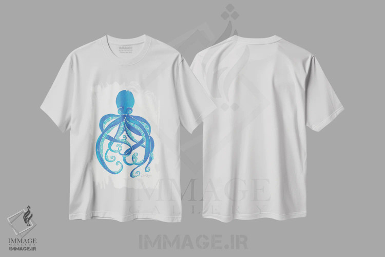تیشرت سفید طرح دار آبی، تزئینی اثر کت کوکیلت | فروشگاه ایماژ