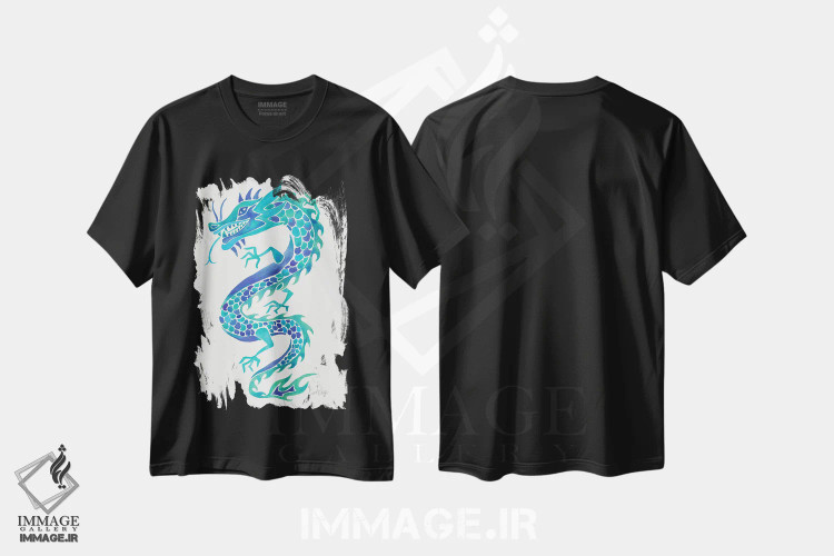 تیشرت مشکی طرح دار آبی ها، دکور آسیایی اثر کت کوکیلت | فروشگاه ایماژ