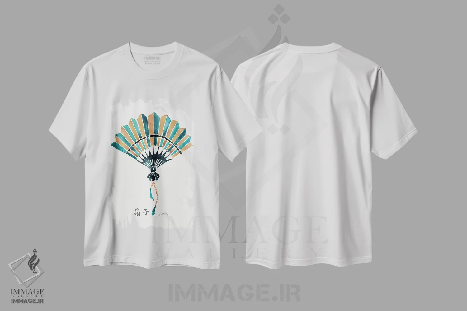 تیشرت سفید طرح دار طلایی سبز دودی، تزئینی اثر کت کوکیلت | immage.ir