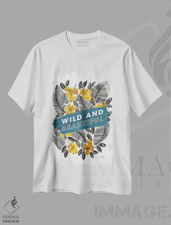 تیشرت سفید طرح دار آبی زرد، تزئینی اثر کت کوکیلت | immage.ir