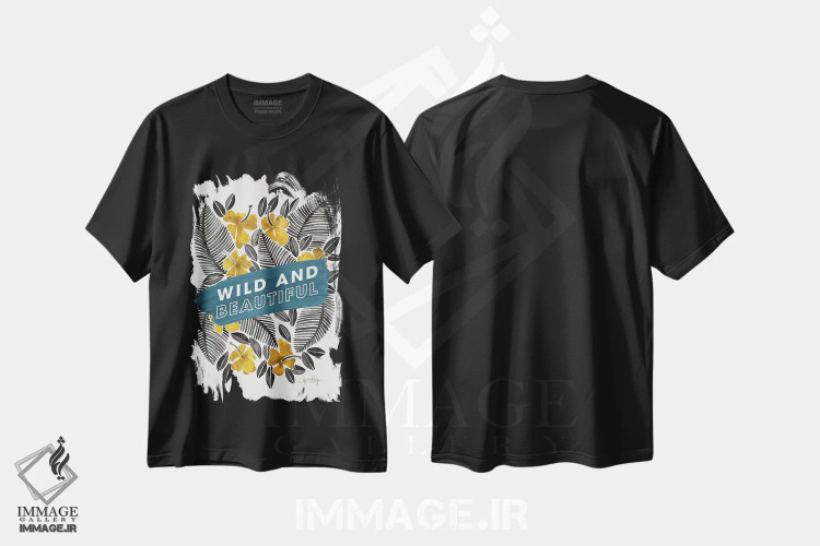تیشرت مشکی طرح دار آبی زرد، تزئینی اثر کت کوکیلت | فروشگاه ایماژ