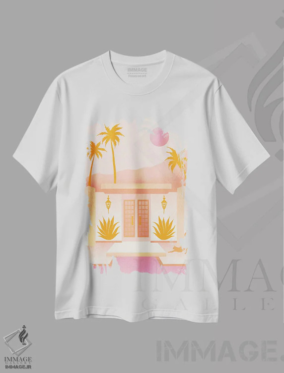 تیشرت سفید طرح دار خانه پالم اسپرینگز نارنگی، دکور معاصر اثر کت کوکیلت | فروشگاه ایماژ