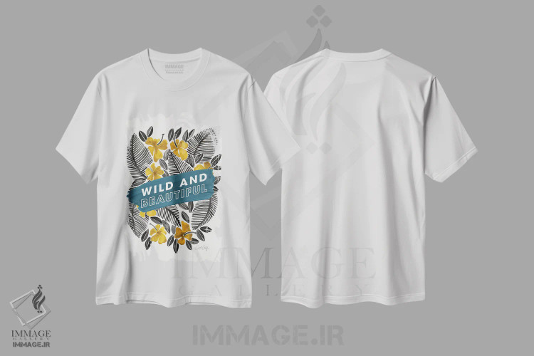 تیشرت سفید طرح دار آبی زرد، تزئینی اثر کت کوکیلت | immage.ir