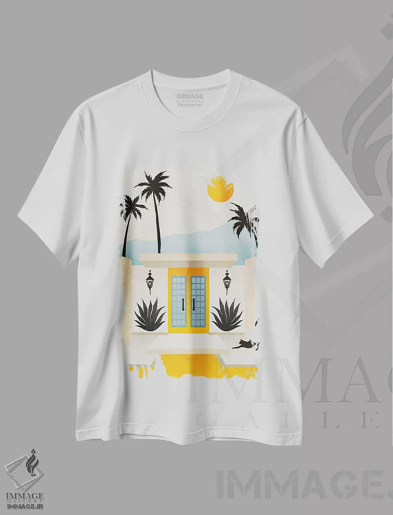 تیشرت سفید طرح دار خانه پالم اسپرینگز زرد و آبی، دکور معاصر اثر کت کوکیلت | immage.ir