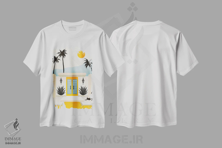 تیشرت سفید طرح دار خانه پالم اسپرینگز زرد و آبی، دکور معاصر اثر کت کوکیلت | immage.ir
