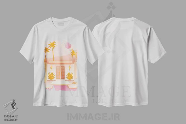 تیشرت سفید طرح دار خانه پالم اسپرینگز نارنگی، دکور معاصر اثر کت کوکیلت | فروشگاه ایماژ