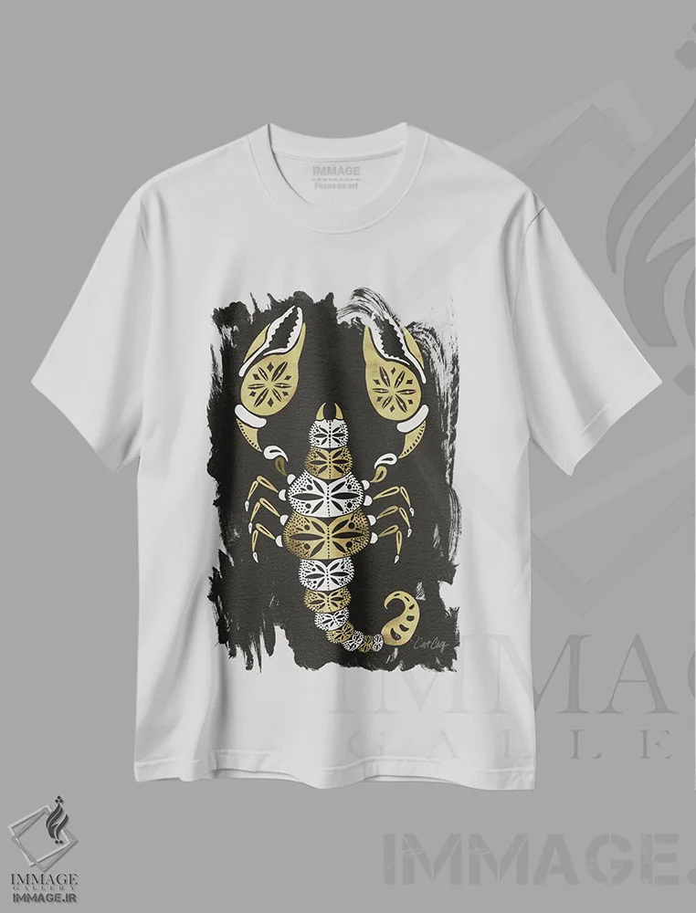 تیشرت سفید طرح دار عقرب مشکی طلایی، تزئینی اثر کت کوکیلت | فروشگاه ایماژ
