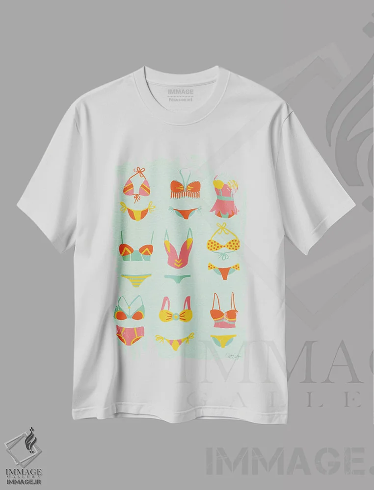 تیشرت سفید طرح دار بیکینی نعناعی، دکور ساحلی اثر کت کوکیلت | immage.ir