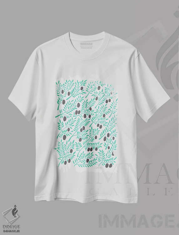 تیشرت سفید طرح دار شاخه های زیتون فیروزه ای مشکی، دکور ساحلی اثر کت کوکیلت | فروشگاه ایماژ