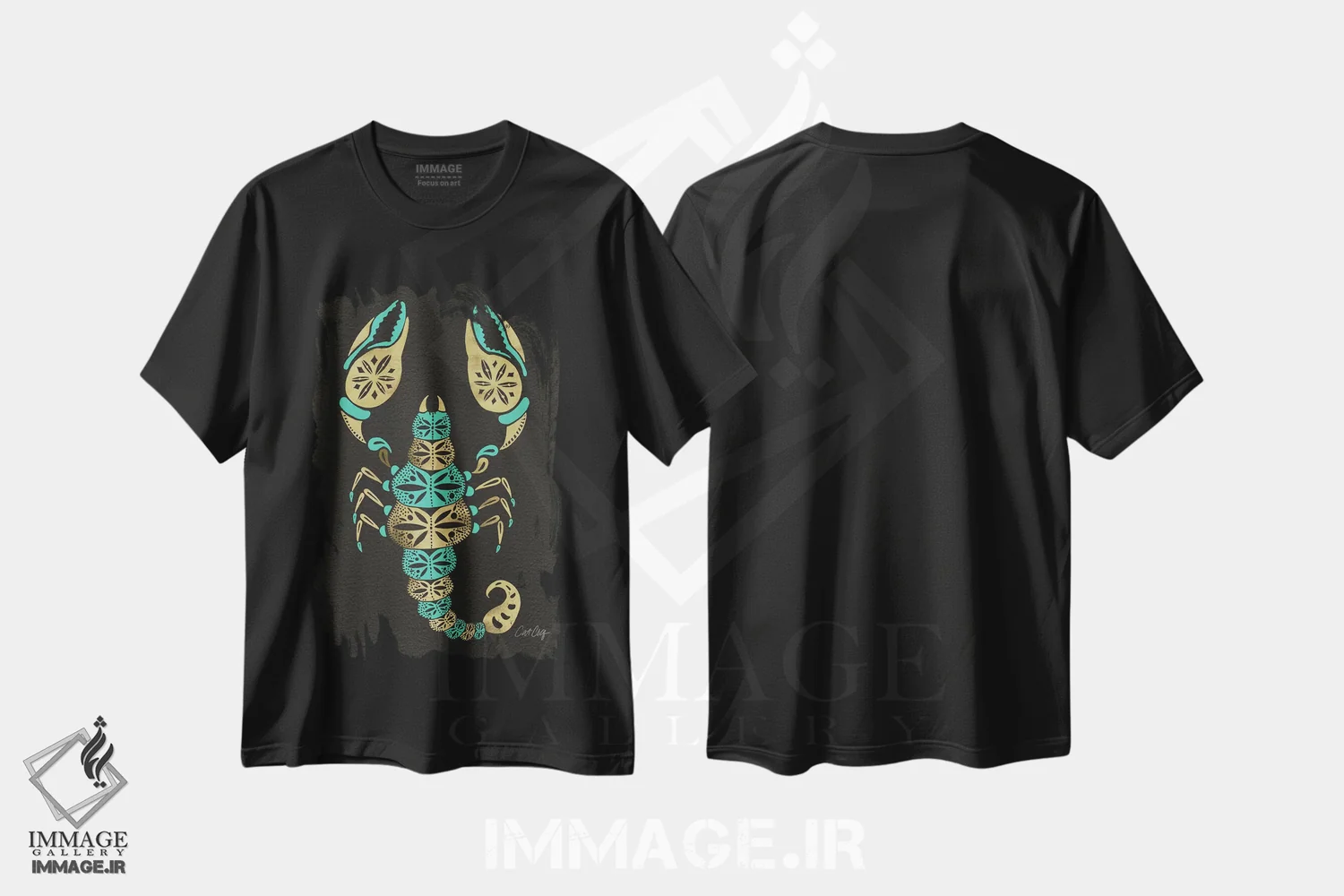 تیشرت مشکی طرح دار عقرب فیروزه ای مشکی، تزئینی اثر کت کوکیلت | فروشگاه ایماژ