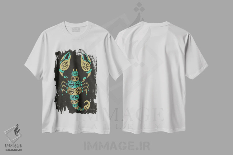 تیشرت سفید طرح دار عقرب فیروزه ای مشکی، تزئینی اثر کت کوکیلت | immage.ir