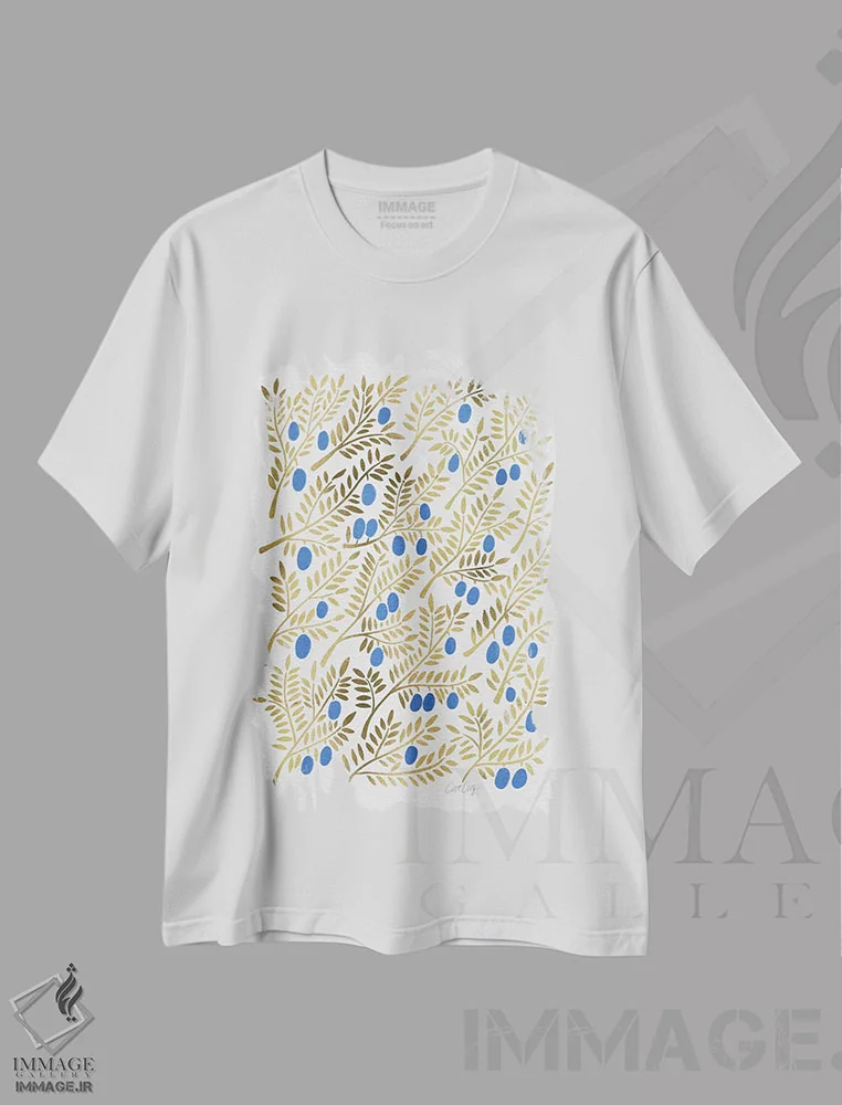 تیشرت سفید طرح دار شاخه های زیتون طلایی آبی، دکور ساحلی اثر کت کوکیلت | فروشگاه ایماژ