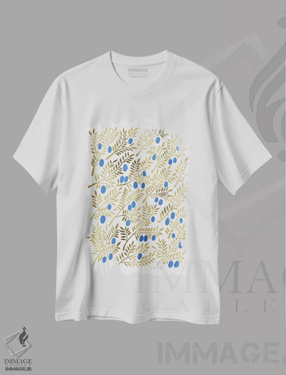 تیشرت سفید طرح دار شاخه های زیتون طلایی آبی، دکور ساحلی اثر کت کوکیلت | فروشگاه ایماژ
