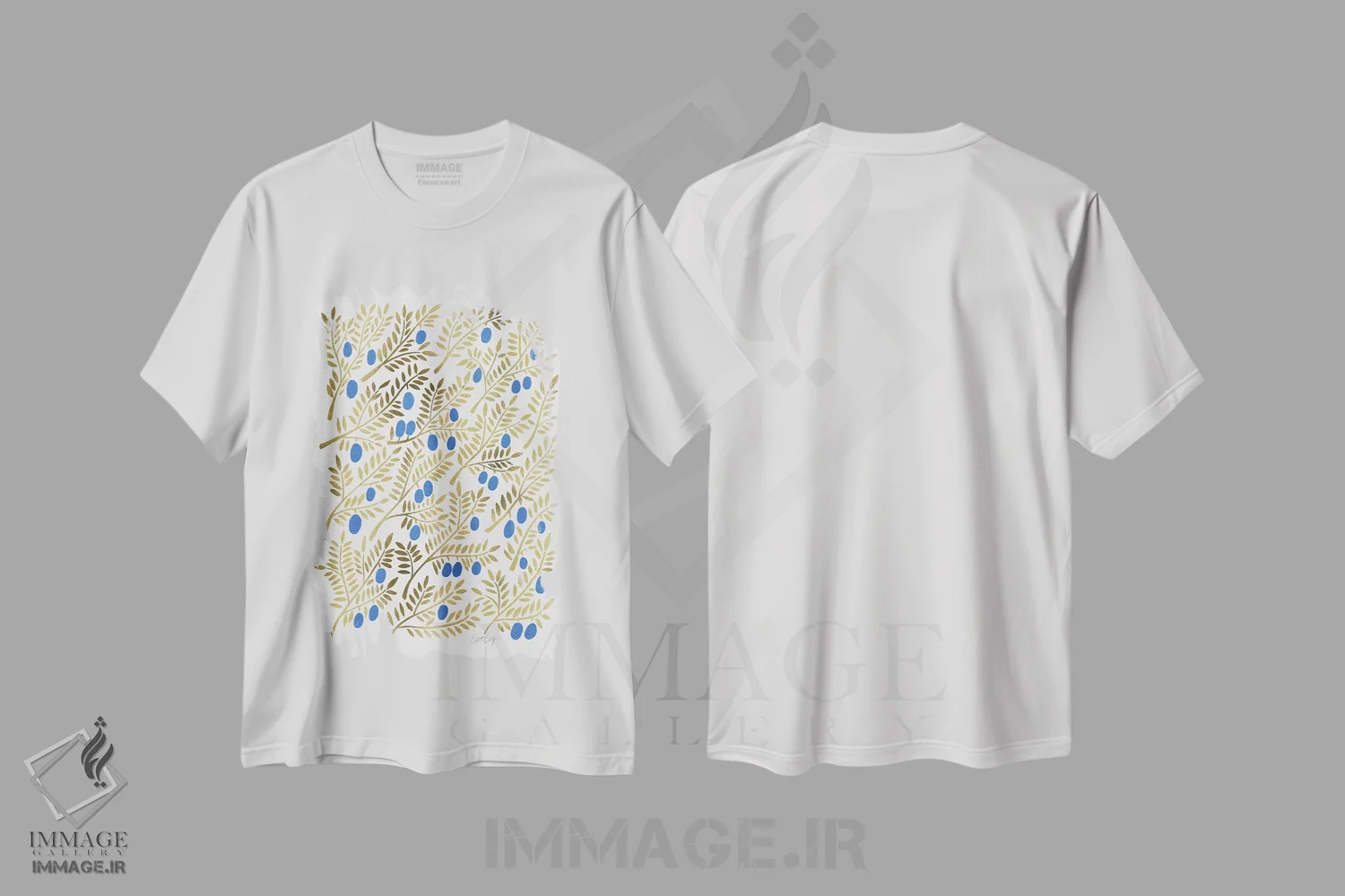 تیشرت سفید طرح دار شاخه های زیتون طلایی آبی، دکور ساحلی اثر کت کوکیلت | فروشگاه ایماژ