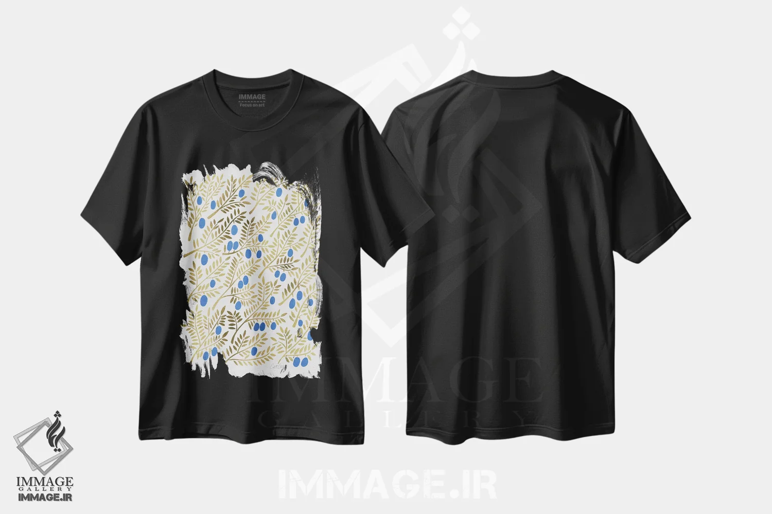 تیشرت مشکی طرح دار شاخه های زیتون طلایی آبی، دکور ساحلی اثر کت کوکیلت | immage.ir