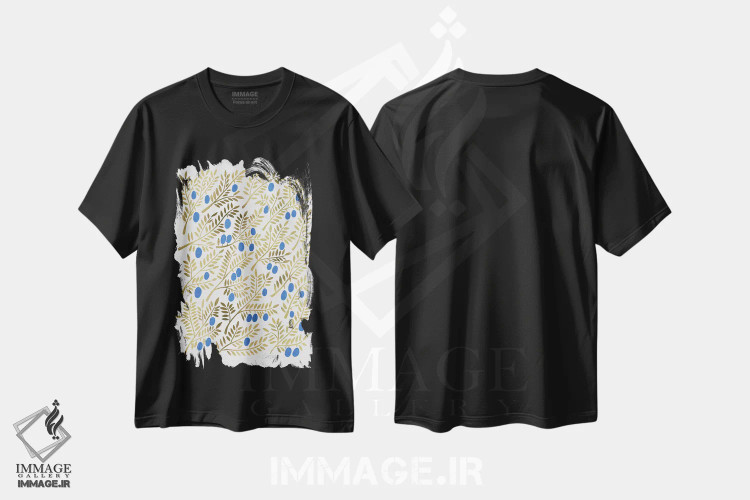 تیشرت مشکی طرح دار شاخه های زیتون طلایی آبی، دکور ساحلی اثر کت کوکیلت | immage.ir