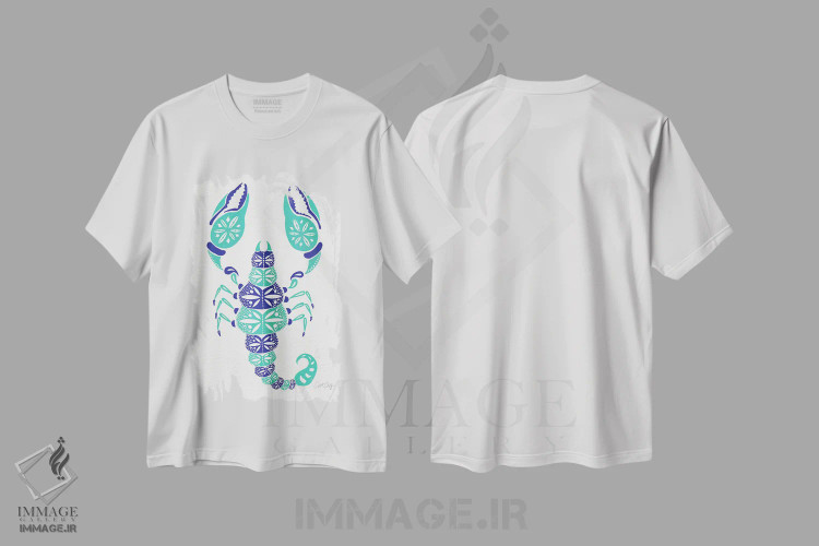 تیشرت سفید طرح دار عقرب فیروزه ای آبی، تزئینی اثر کت کوکیلت | فروشگاه ایماژ