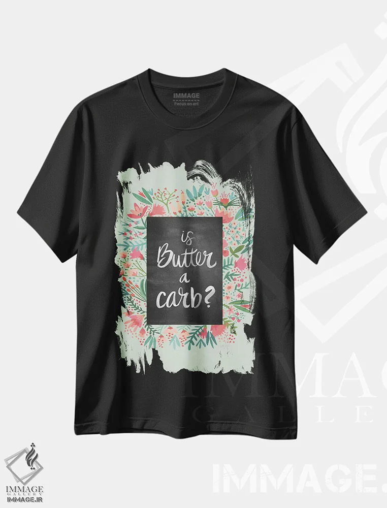 تیشرت مشکی طرح دار گل های پروانه ای نعناعی، دکور معاصر اثر کت کوکیلت | فروشگاه ایماژ