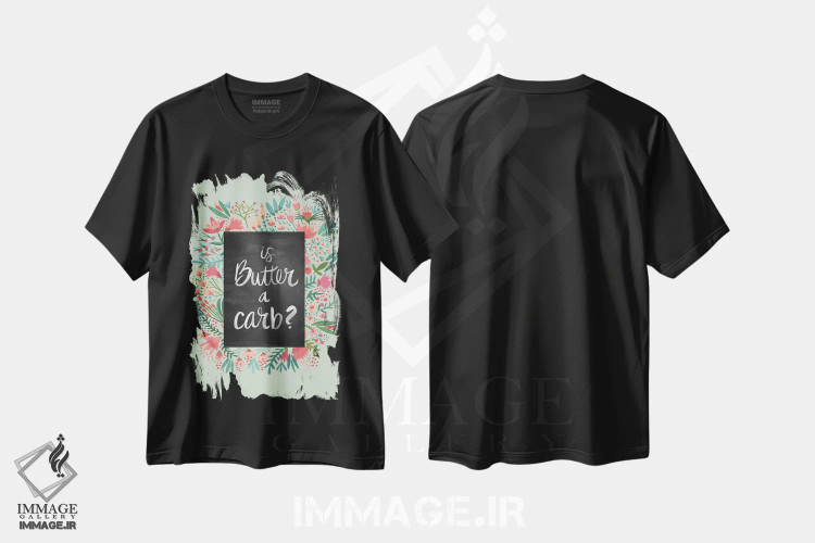تیشرت مشکی طرح دار گل های پروانه ای نعناعی، دکور معاصر اثر کت کوکیلت | فروشگاه ایماژ