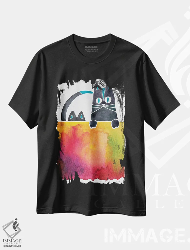 تیشرت مشکی طرح دار گربه ها، تزئینی اثر کت کوکیلت | فروشگاه ایماژ