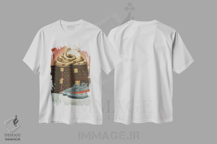 تیشرت سفید طرح دار مار پایتون روی ترانک های لویی ویتون و کفش های ییزی، تزئینی اثر سیسی گیدی | فروشگاه ایماژ