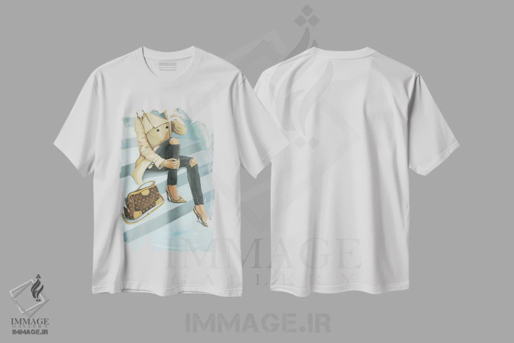 تیشرت سفید طرح دار زن نشسته روی پله با کیف لویی ویتون، تزئینی اثر سیسی گیدی | فروشگاه ایماژ