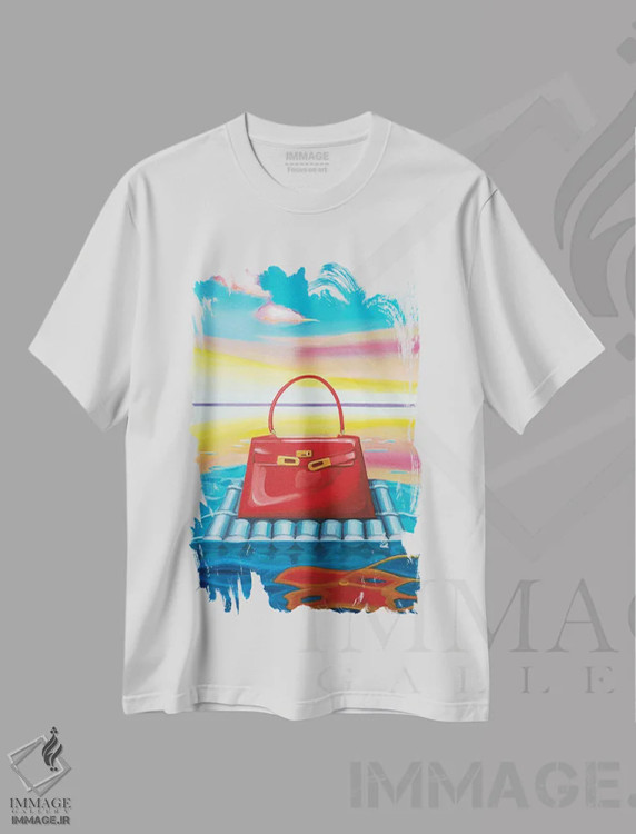 تیشرت سفید طرح دار کِلی روی قایق بادی شناور، هنر فاخر معاصر اثر سیسی گیدی | فروشگاه ایماژ