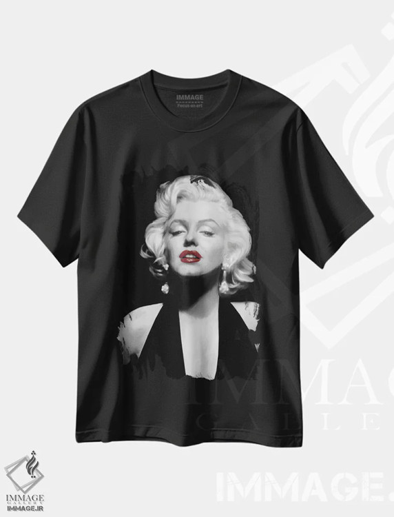 تیشرت مشکی طرح دار مرلین با تاپ گردنی و لب های قرمز، هنر دیجیتال اثر کریس کنسانی | فروشگاه ایماژ