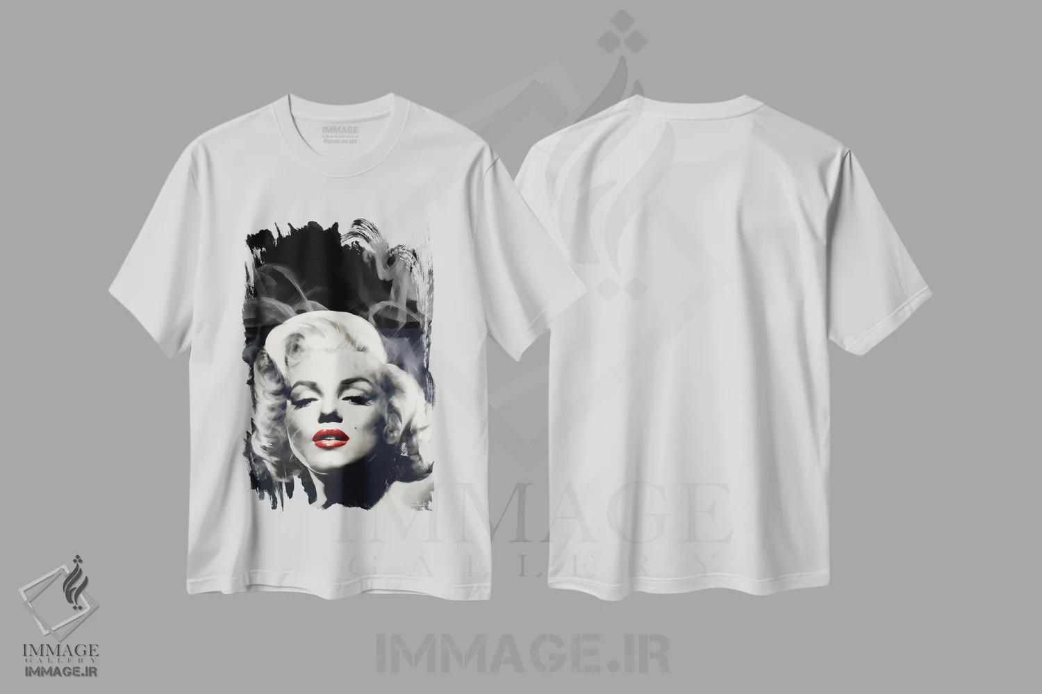 تیشرت سفید طرح دار مرلین لب سرخ در مه/دود، هنر دیجیتال اثر کریس کنسانی | فروشگاه ایماژ