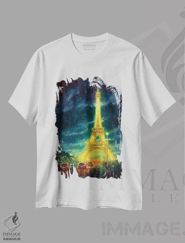 تیشرت سفید طرح دار Eiffel Tower Glow,پاریس، درخشش برج ایفل، هنر فاخر معاصر اثر کریستوفر کلارک | فروشگاه ایماژ