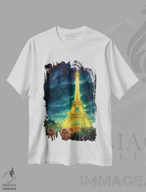 تیشرت سفید طرح دار Eiffel Tower Glow,پاریس، درخشش برج ایفل، هنر فاخر معاصر اثر کریستوفر کلارک | فروشگاه ایماژ