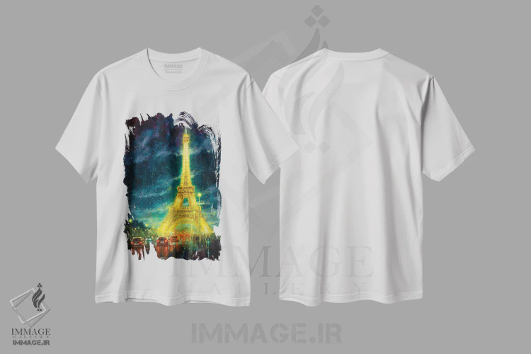تیشرت سفید طرح دار Eiffel Tower Glow,پاریس، درخشش برج ایفل، هنر فاخر معاصر اثر کریستوفر کلارک | فروشگاه ایماژ