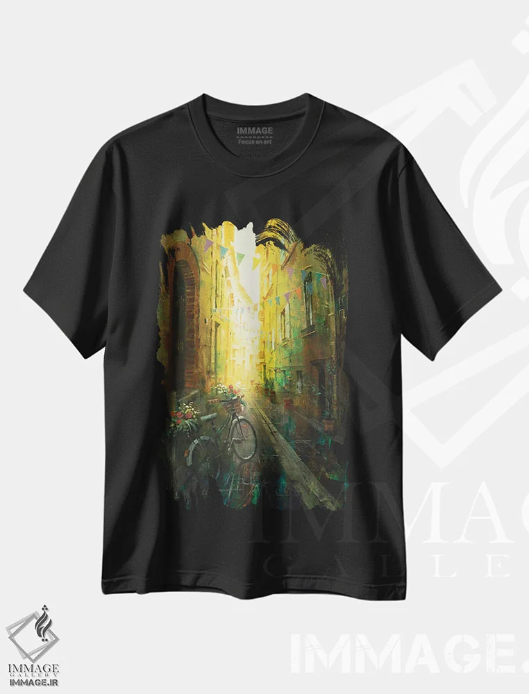 تیشرت مشکی طرح دار خیابان فرانسوی با دوچرخه، دکور معاصر اثر کریستوفر کلارک | فروشگاه ایماژ