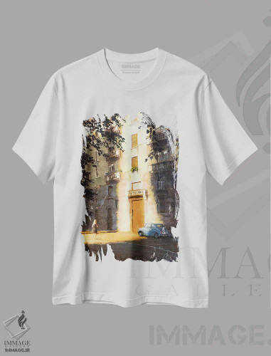 تیشرت سفید طرح دار میلان در سایه ها، هنر فاخر معاصر اثر کریستوفر کلارک | فروشگاه ایماژ