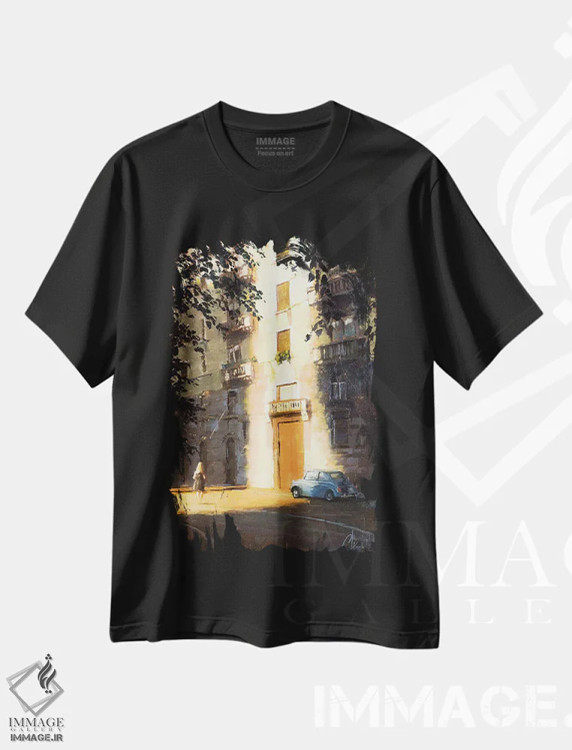 تیشرت مشکی طرح دار میلان در سایه ها، هنر فاخر معاصر اثر کریستوفر کلارک | immage.ir