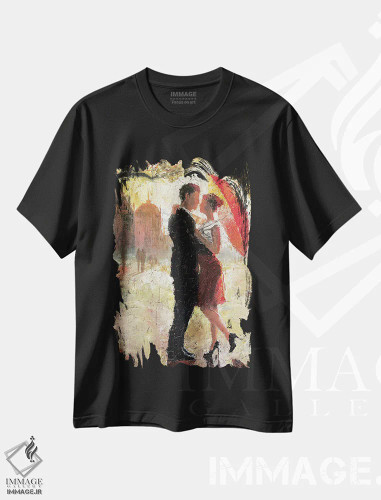 تیشرت مشکی طرح دار رمانس چتر قرمز I، هنر فاخر معاصر اثر کریستوفر کلارک | فروشگاه ایماژ