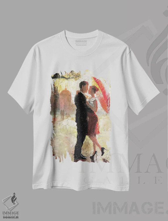 تیشرت سفید طرح دار رمانس چتر قرمز I، هنر فاخر معاصر اثر کریستوفر کلارک | immage.ir