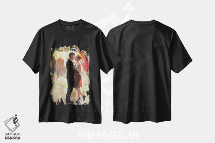 تیشرت مشکی طرح دار رمانس چتر قرمز I، هنر فاخر معاصر اثر کریستوفر کلارک | فروشگاه ایماژ